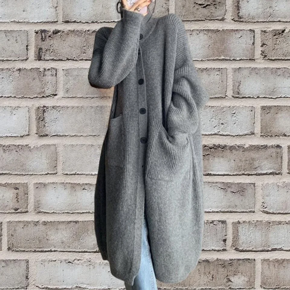 Grey Lazy Long Knitwears Coat for Women Cardigan Autumn Winter Sweaters Elegantes Maxi Cardigans Korean Fashion White Outwears