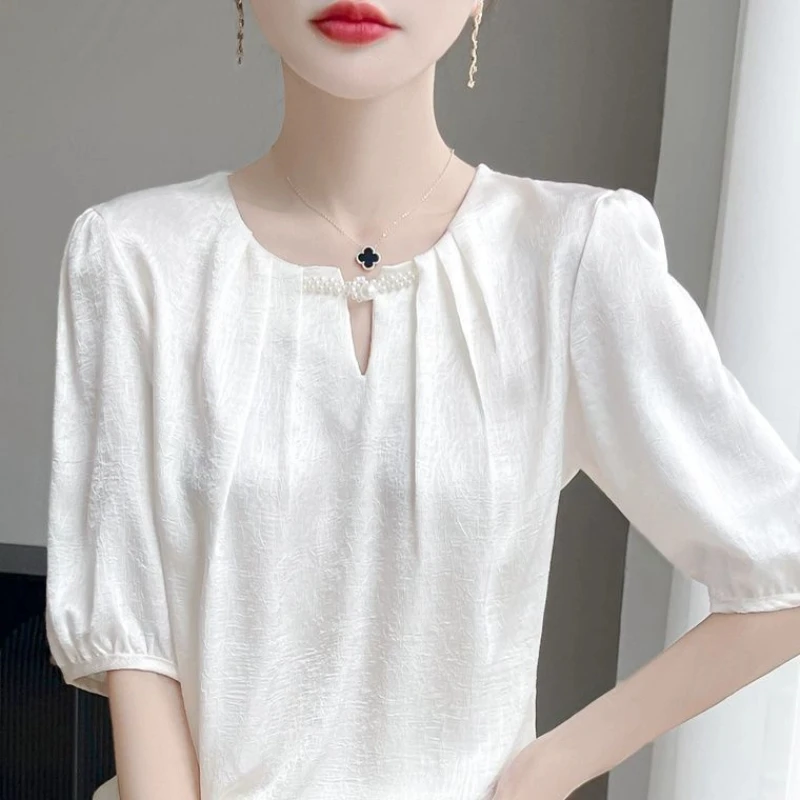

Mulberry Silk Short-sleeved Luxury Satin Summer New Silk Shirt Top