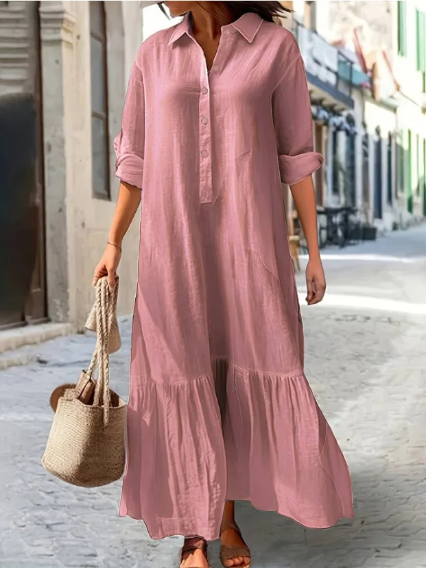 

New Cotton Linen Long Irregular Office Ladies Elegant Fashionable Solid Color Dress Shirt Collar Twist Button Casual Dress