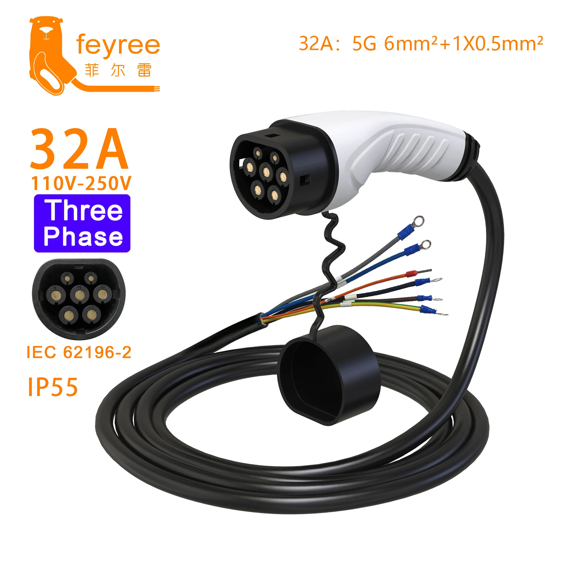 Feyree-enchufe de cargador EV para vehículo eléctrico, Cable tipo 2, 16A, 1 fase, estación de carga, 3 fases, 11kW, 22kW, Cable de IEC62196-2