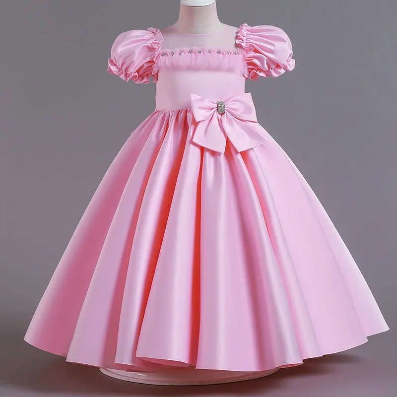 Vestido de princesa para niños, vestido Formal de satén con cuentas y lazo para banquete, fiesta de cumpleaños con flores, novedad