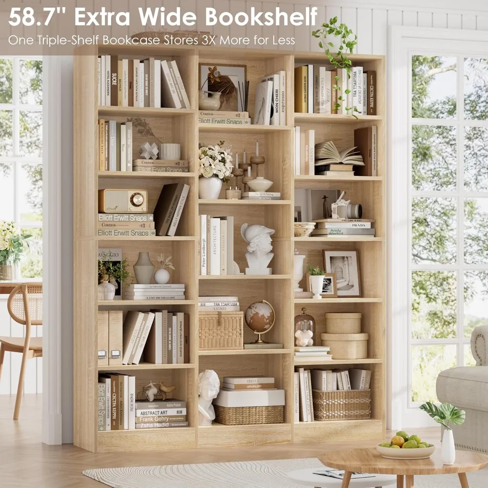 Rak Buku Tiga Lebar, Rak Buku Besar 6 Tingkat, Rak Buku dengan 17 Rak Pajangan Terbuka, Rak Buku Tinggi 74'', dan Rak Buku