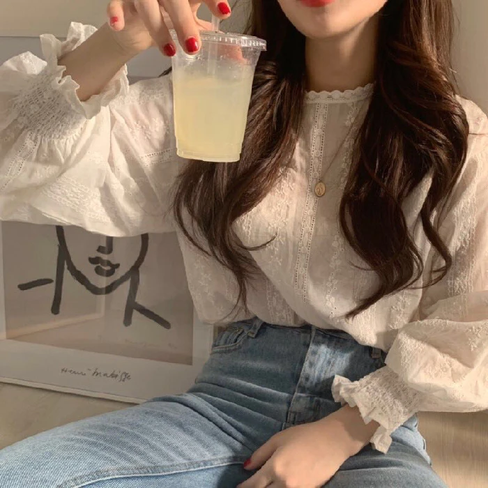 Primavera Autunno 2025 Coreano Sle Fre Ricamato Pizzo Lungo Sve Casual irt Vintage Ele Faionable Camicetta da donna