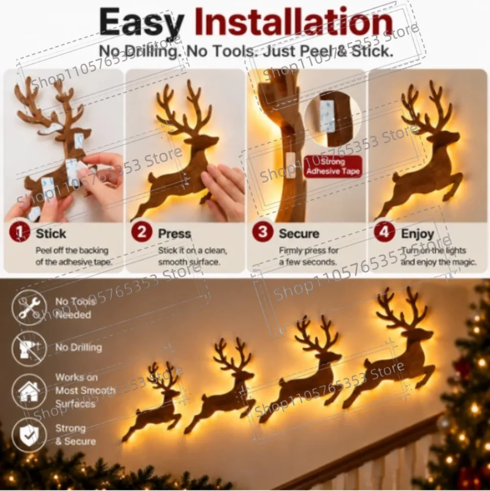 2027 Reindeer Glow Christmas Decor LED Light Up Glowing Reindeer Wall Stickers Outdoor Festive Lighting Holiday 3D Wood Decor - view 3