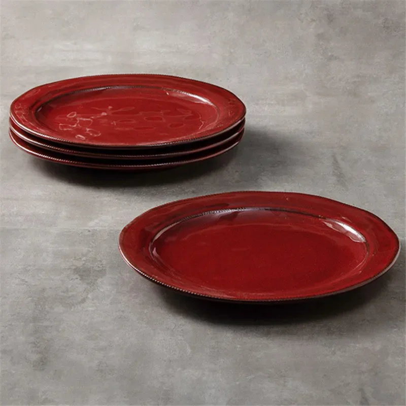 Nanzi Underglaze Hidden Red Plate, Creative Home Steak Dinner Plate, Ceramic Mesh Vegetable Plate