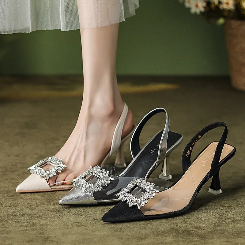 Spring and summer new diamond-square buckle high heels transparent baotou female thin heels pointed after empty sandals