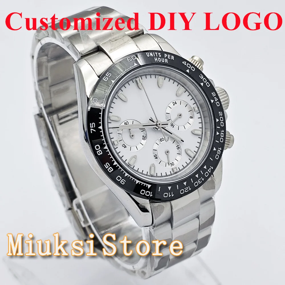 Customized Watch Logo 40mm Silver Stainless Steel Watch Case White Black Watch Dial Luminous Fit VK63 Quartz Movement Watch