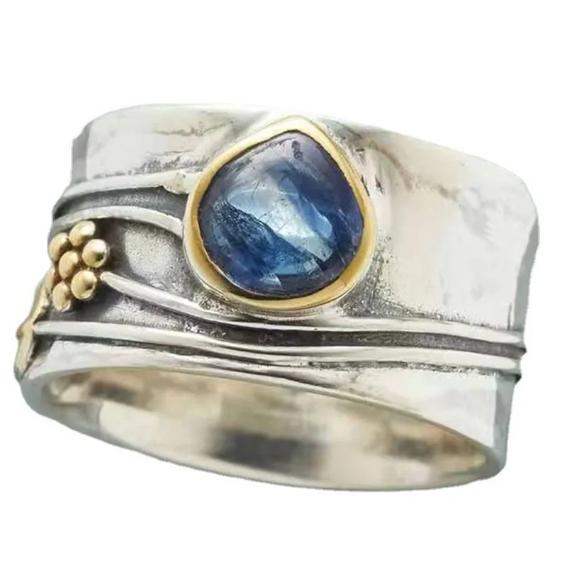 KSRA 2024 New Fashion Wide Face Exaggerated Leaf Flower Blue Stone Ring For Women Engraving Classic Party Jewelry