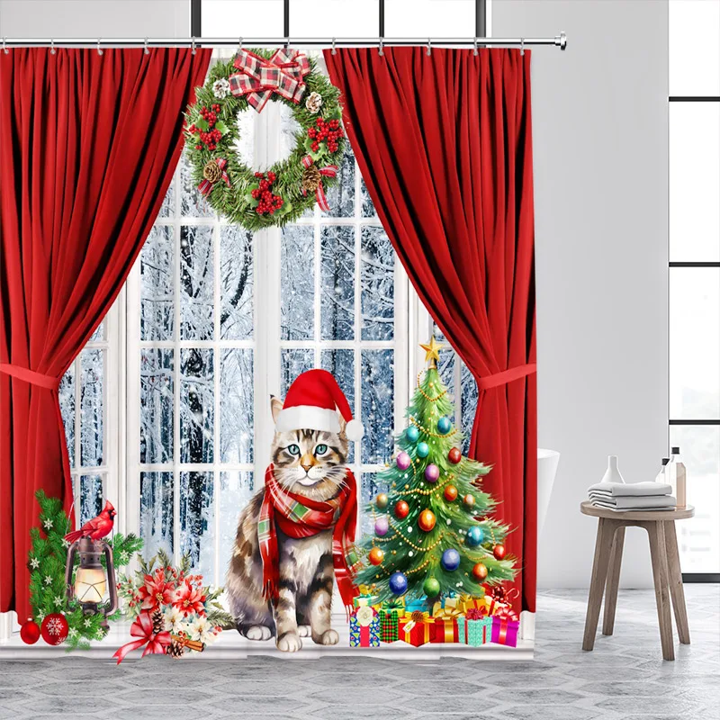 Funny Cat Dog Christmas Shower Curtains Red Farm Truck Animals Pet Xmas Tree Winter Forest Landscape Bathroom Curtain Decor Set