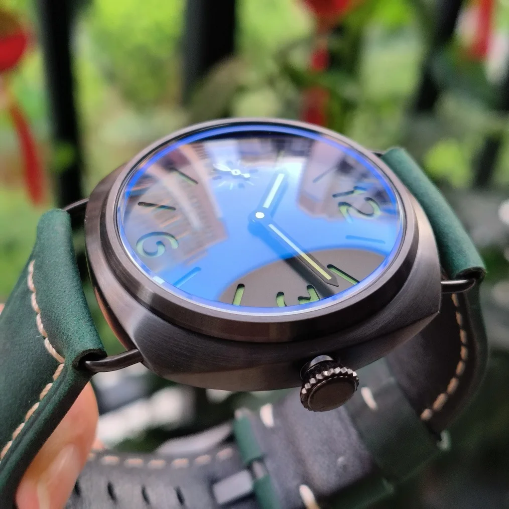 no logo 45mm Mechanical Hand Wind watch Brushed PVD Black case Blue coated mineral glass Black dial green number Seagull ST3600