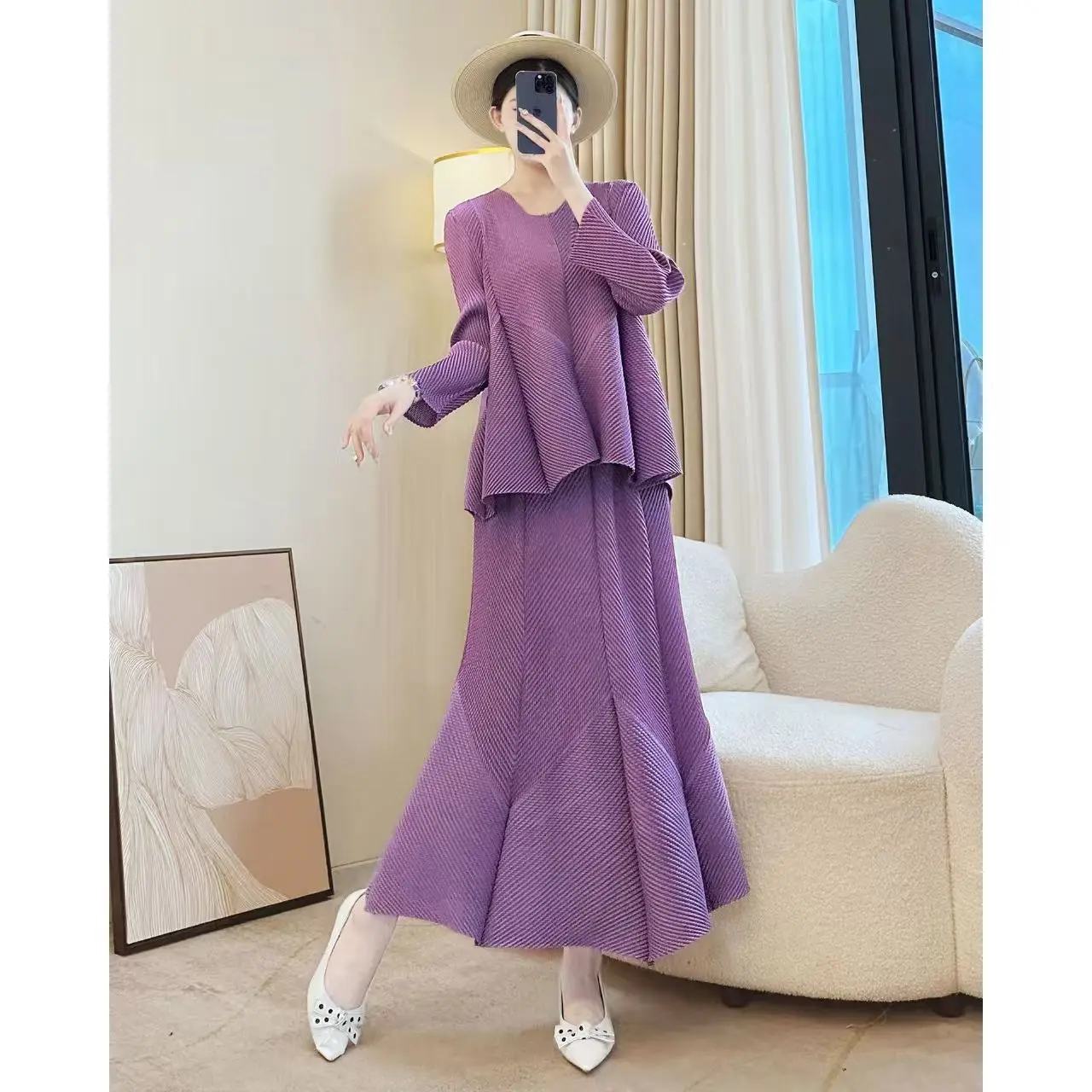 

Miyake Fold 2025 New Solid Color Casual Long Sleeve Coat Fashionable, Versatile, Western Style, High End, and Elegant Skirt