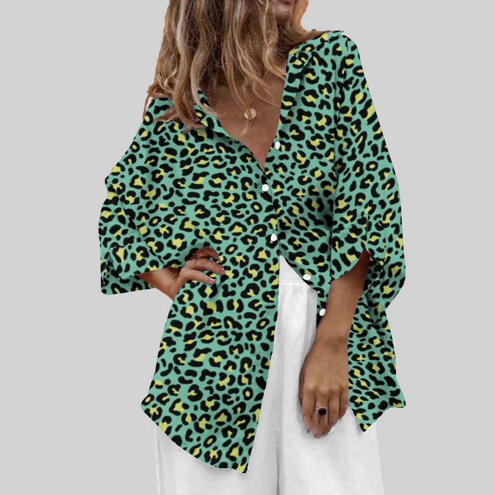 

Wildly Blue Leopard Print Shirt Women’s Natural Chic Blouse Casual Versatile Green Leopard Prints Blouse Leopard Lover Shirts