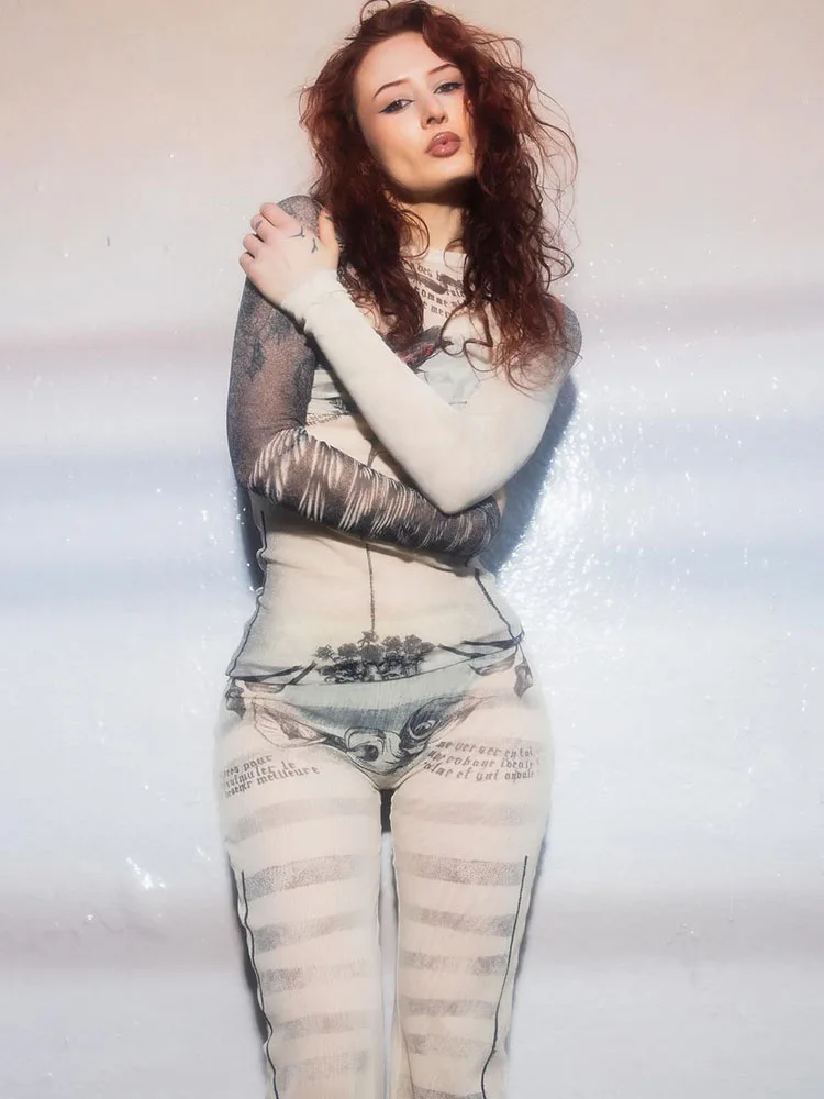 

Insglas Sexy See Through Rose Print Matching Women 2 Piece Set Hipster Full Sleeve o-Neck Crop Top+Straight Pant Matching Outfit