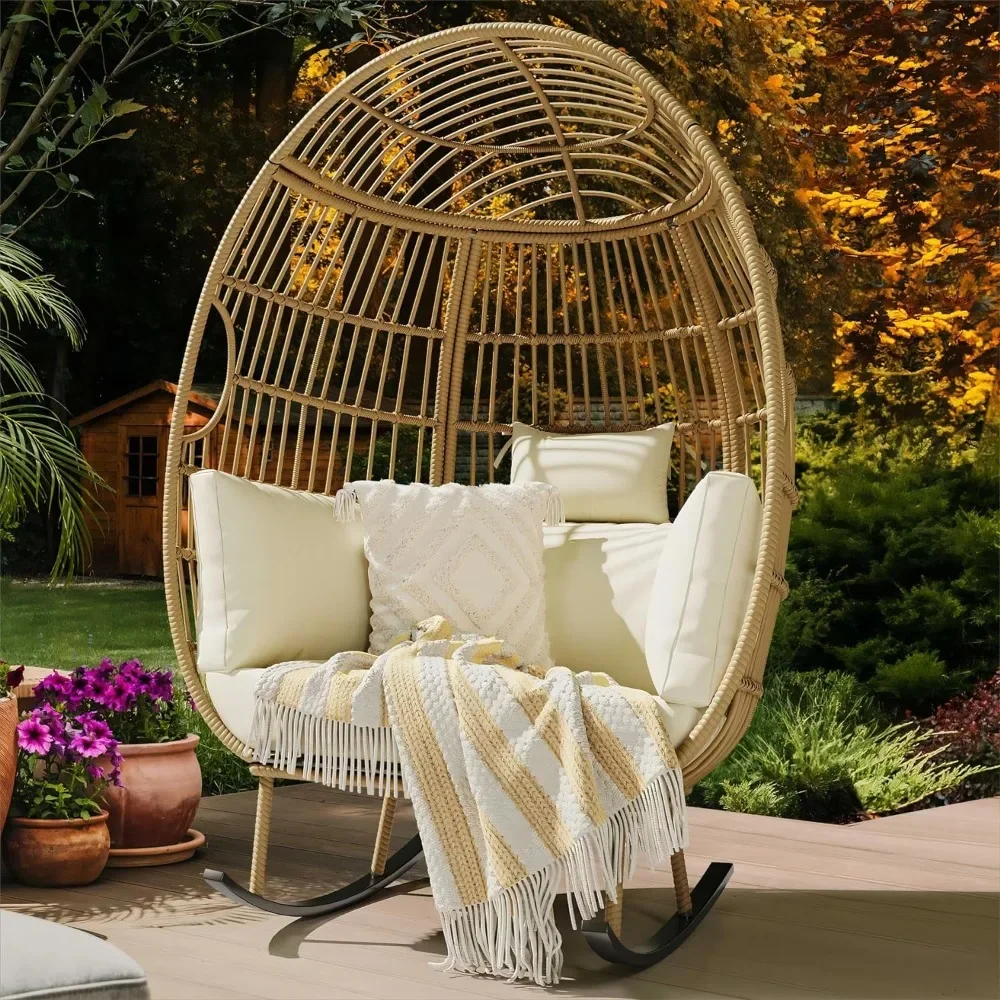 

Outdoor Rocking Egg Chair, Wicker Patio Rocking Basket Chair with 370lbs Capacity, All-Weather Oversized Egg Lounger Chair Beige