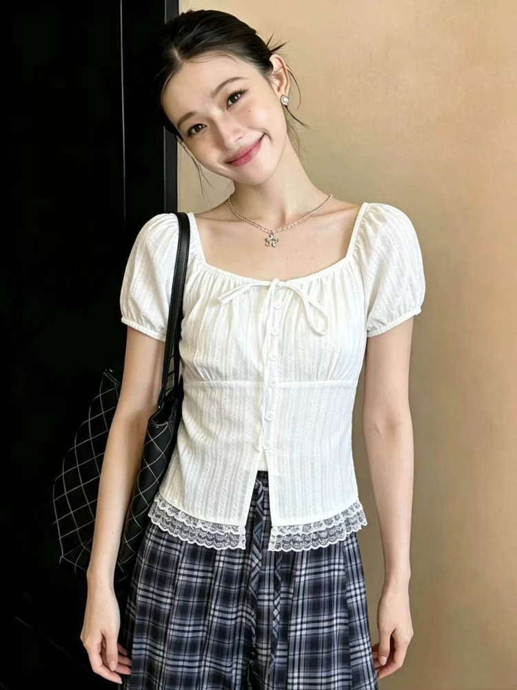 

Deeptown Korean Style Sweet White T-shirts Women Shoujo Fashion Bow Short Sleeve Tees Coquette Elegant Lace Patchwork T-Shirts