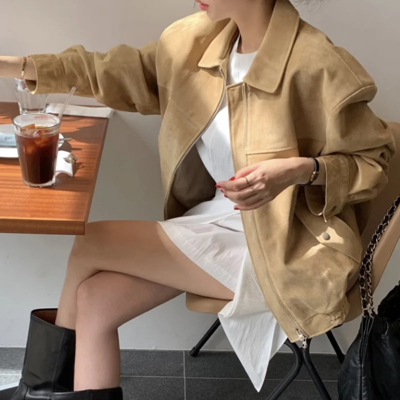 

Retro Sle Women's ort Jaet Fake Deer Skin Velvet Casual Flip Collar Loose Fit Summer New Arrival Street Sle Top