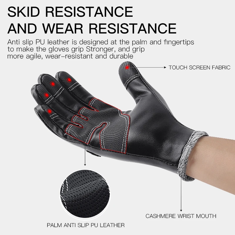 Guantes de esquí de invierno para hombres, guantes de ciclismo deportivos, guantes cálidos de cuero Pu, guantes antideslizantes para pantalla táctil