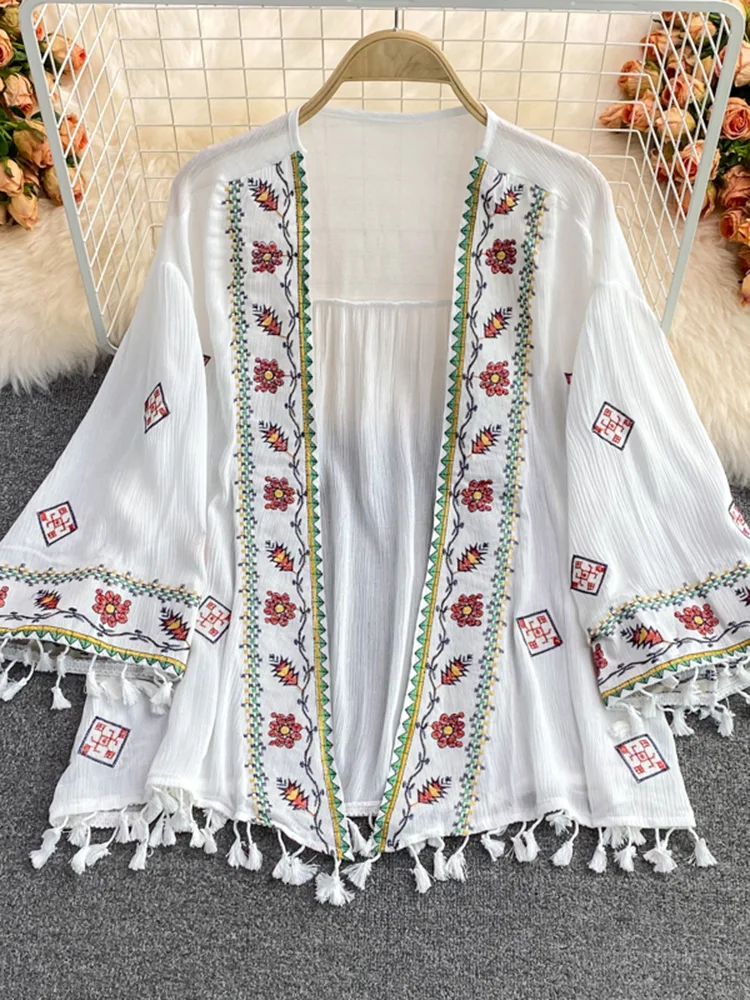 SEDUTMO Summer Bohemian Kimono Women Pareo Beach Cover Up Short Fashion Embroidery Poncho Cardigan Tassel Shirt ED1876