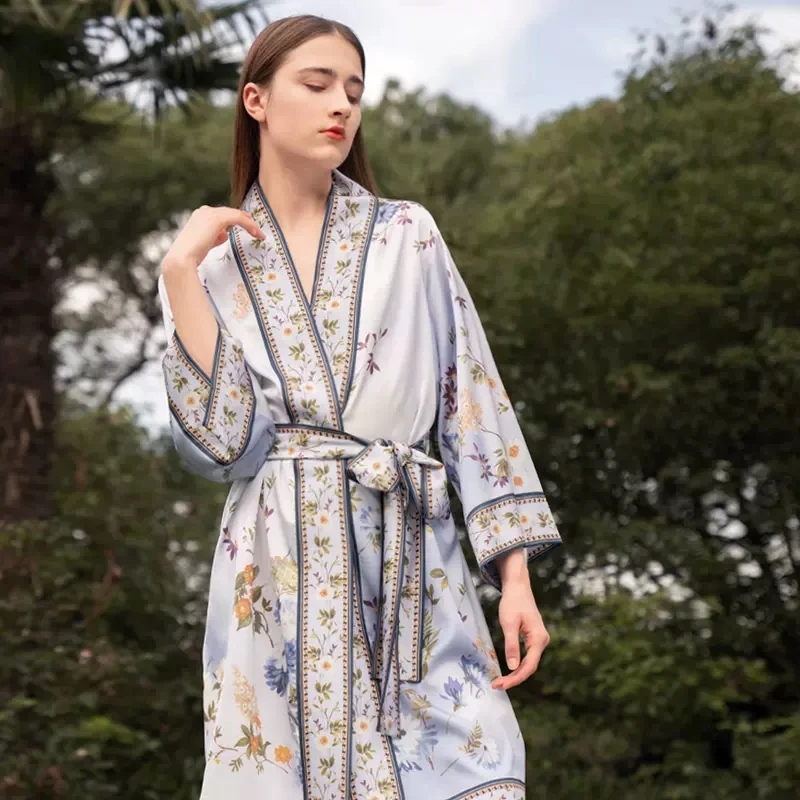 Birdtree 100%Mulberry Silk Elegant Pajamas Women's Long Flower Printed French Style Home Clothes 2024 Spring Summer New P41450QC