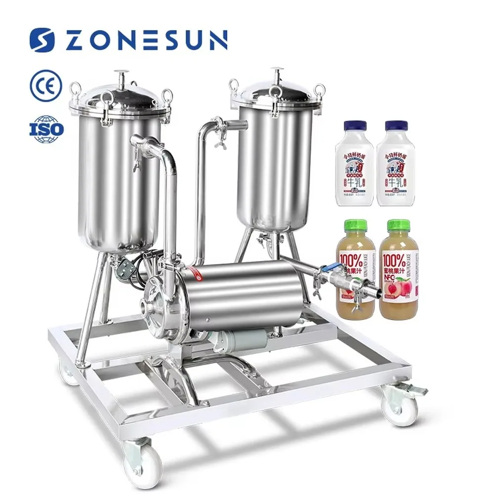 ZONESUN ZS-PF2P Electric Two Stage Stainless Steel Sanitary Duplex Bag Filtering Equipment for Juice Beverage