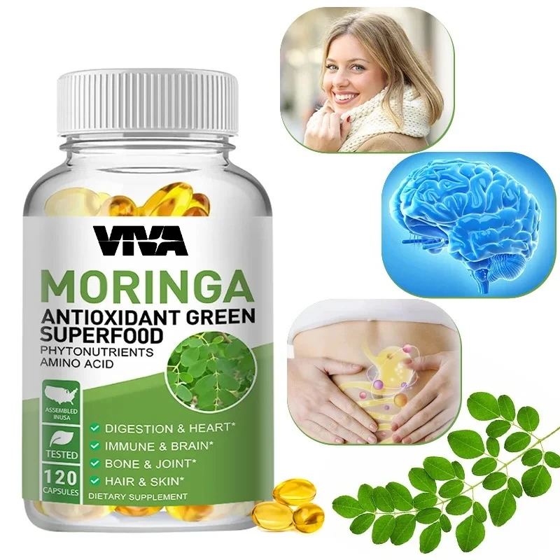 Moringa 1000mg Capsules, An Antioxidant Green Superfood That Supports Digestive, Heart, Brain, Immune, Joint, and Bone Health