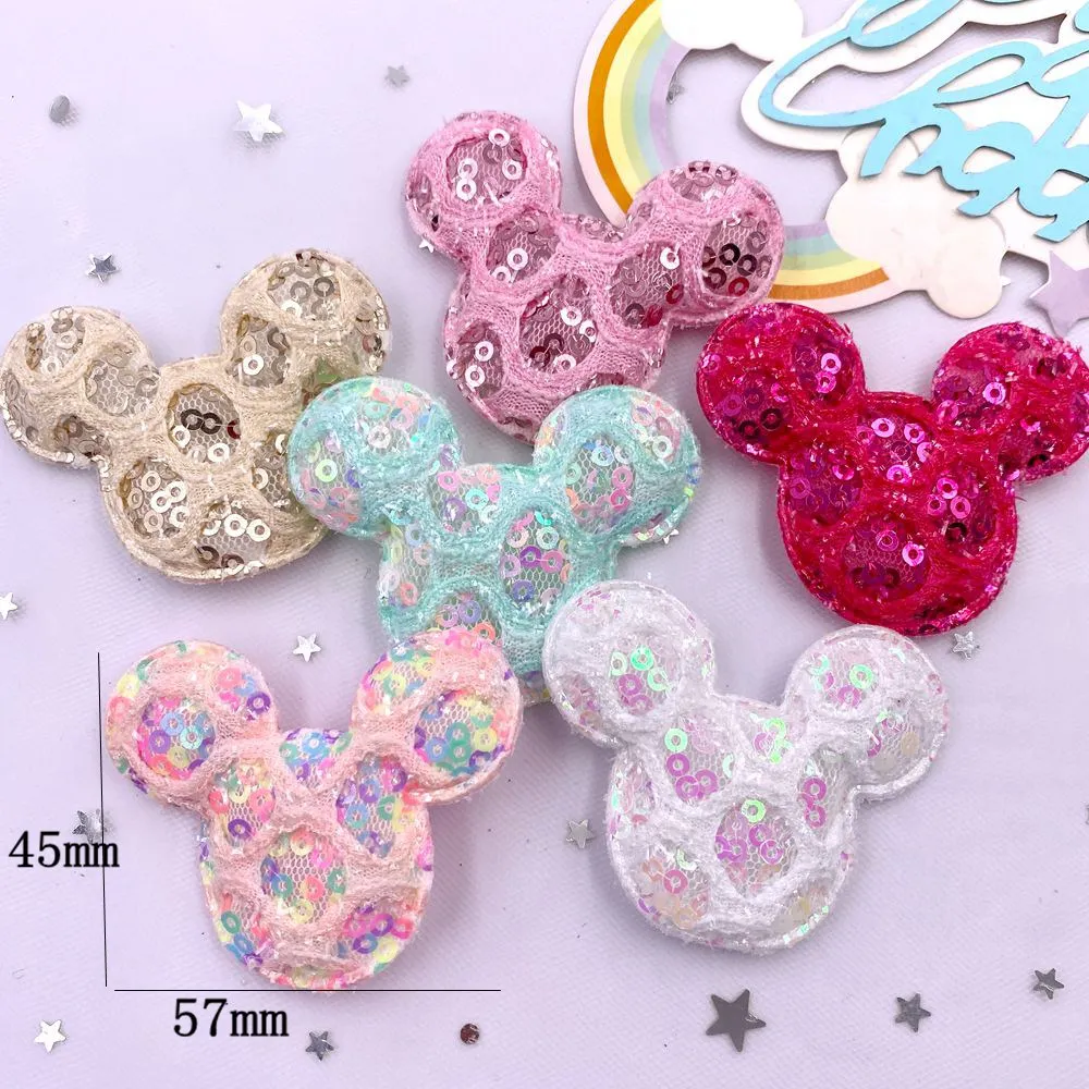 10pcs Colorful Glitter Sequin Padded Fabric Cartoon Mouse Flatback Applique Patche Party Dear DIY Hair Clip Bow Accessories XE90