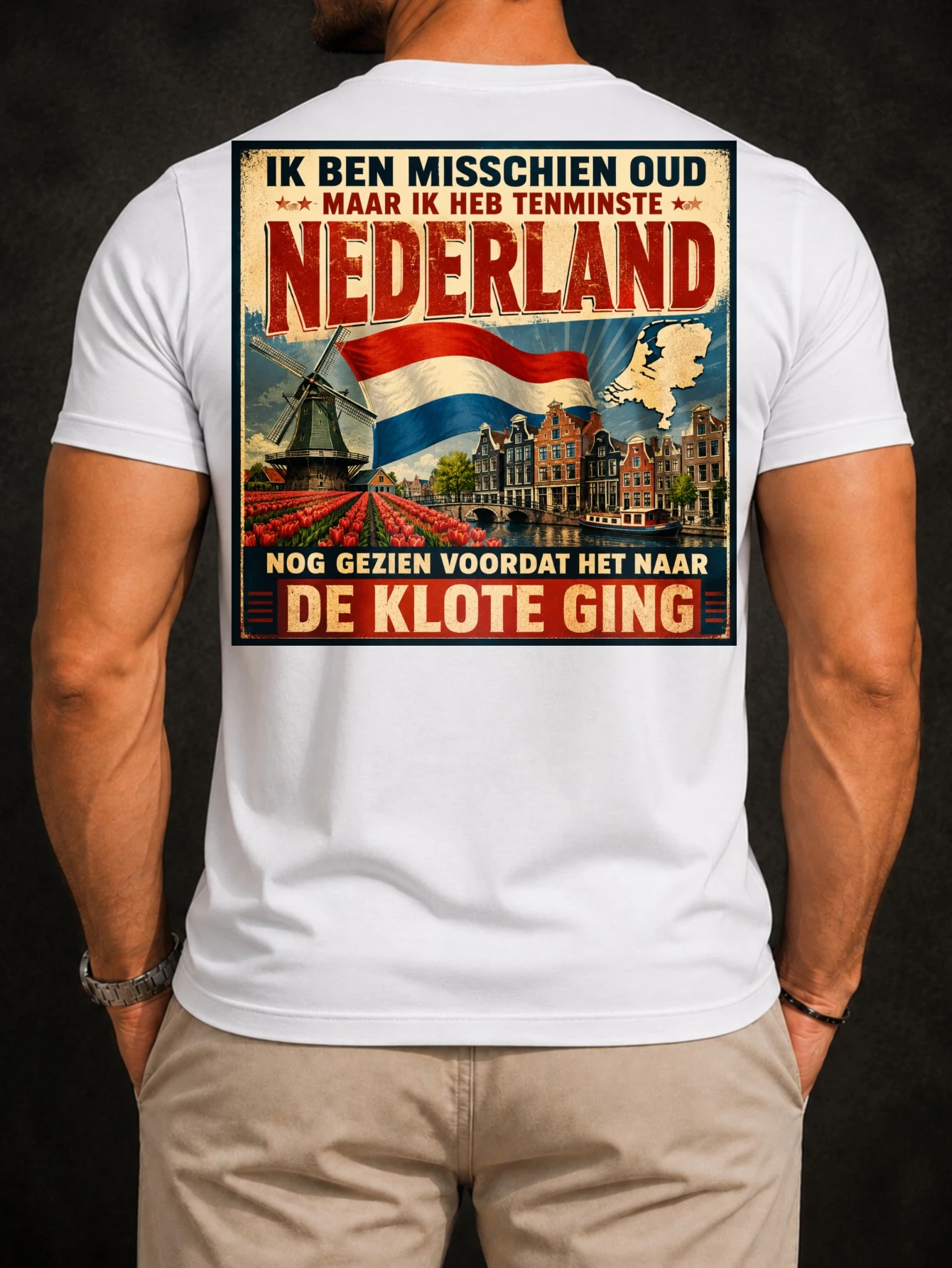 Vintage Dutch Nederland with Windmill Canal Houses Tulip Field Fl-ag and Ik Ben Misschien Oud Quote  Unisex All T-Shirt