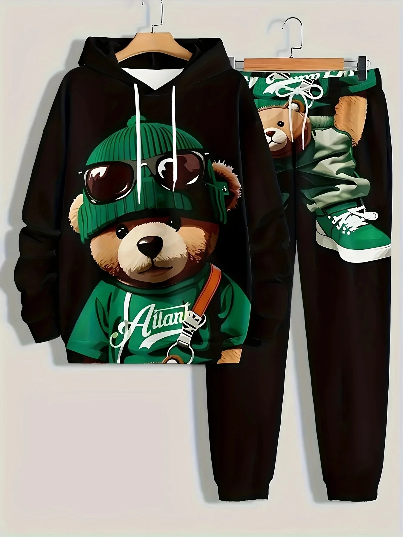 The 2025 Spring and Autumn new men's hoodie set is a casual and fashionable streetwear collection with bear prints