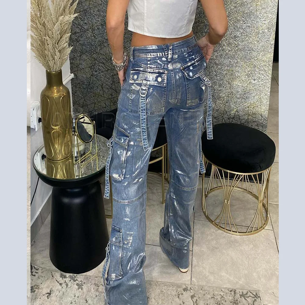 Y2k tasche dritte pantaloni Hip Hop Jeans a vita alta moda donna argento lucido stampa pantaloni larghi in Denim a gamba larga Streetwear