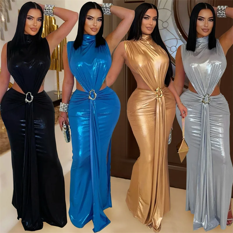 Doyerl Elegante Mettalic Party Abendkleider Frauen Nachtclub Promi Metall Ring Band Geraffte Prom Bodycon Maxi Kleid Robe