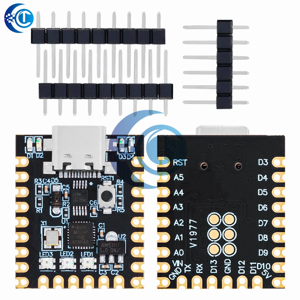 Płytka programistyczna Arduino Nano Mini, wyjątkowo mała, z portem USB typu C, wyposażona w układ ATmega328P i układ scalony CH340 do komunikacji szeregowej. — zdjęcie produktu 5