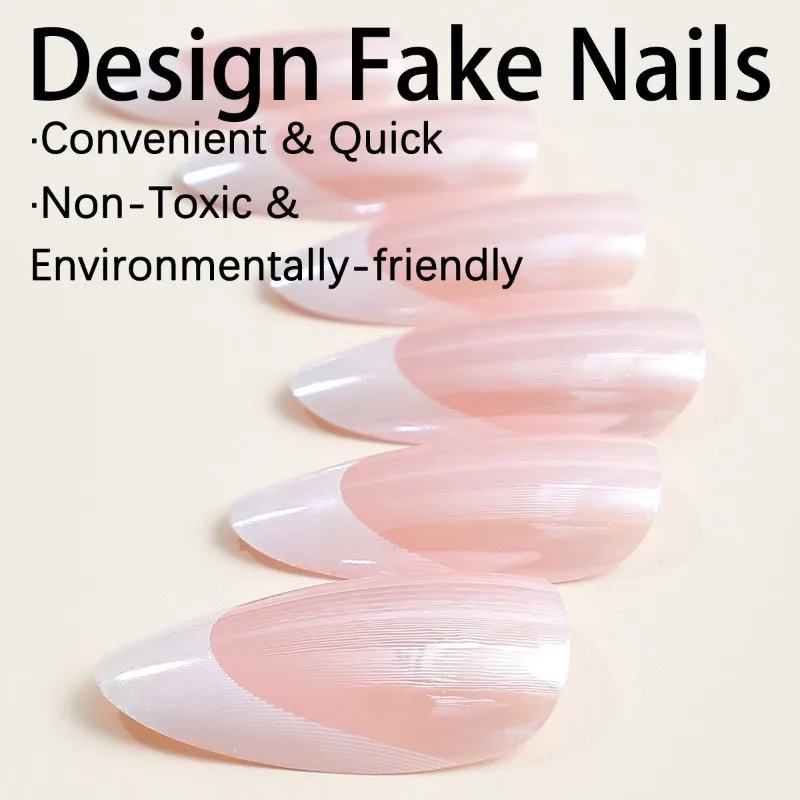 24Pcs Wearable French Press on False Nails Simple Full Cover Nail Tips Manicure Long Almond Fake Nails with White Edge Design