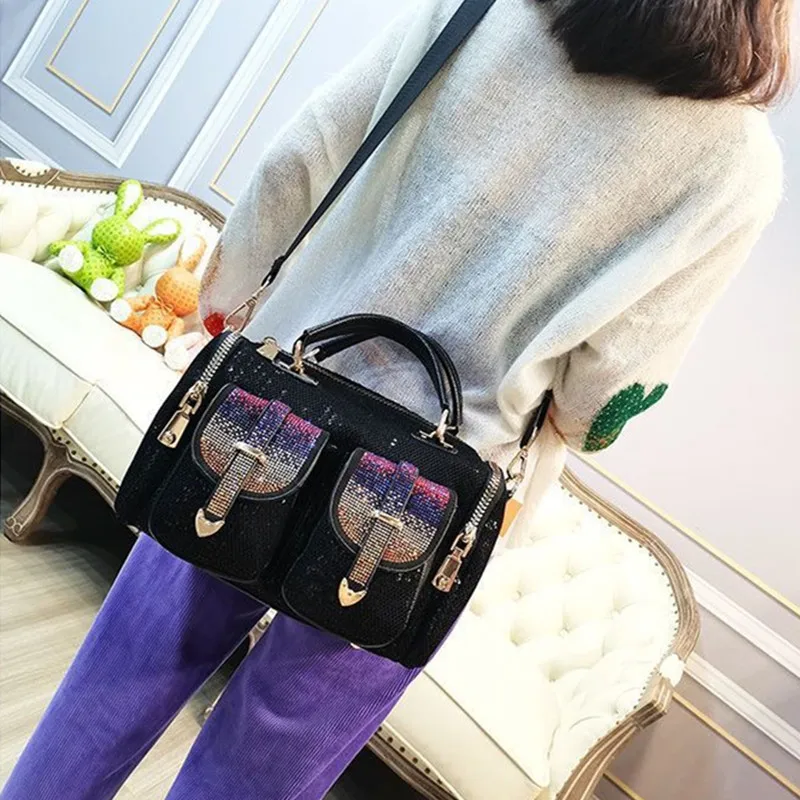 Fashion Women Mesh Netting Iridescent Paillette Rhinestone Messenger Bag Lady Casual Shiny Office Pockets Portable Handbag