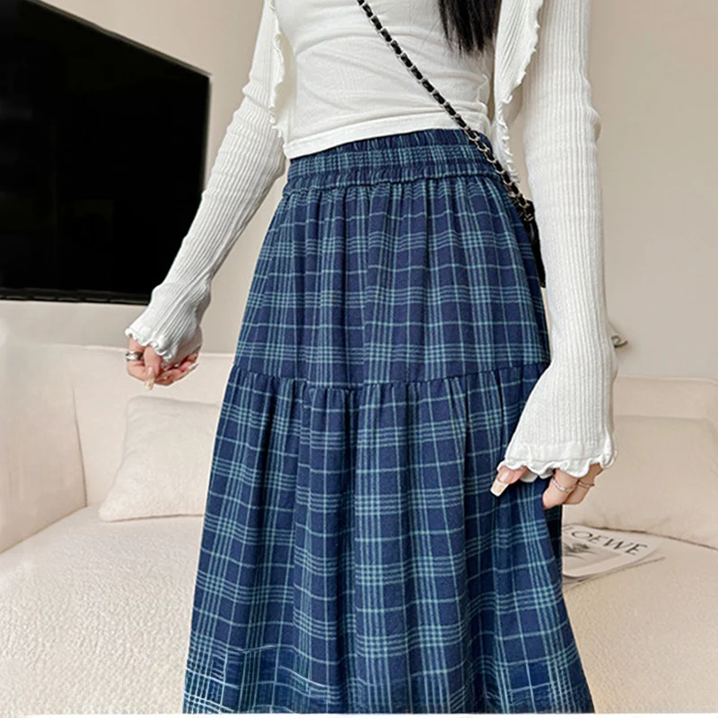 レトロなオールマッチチェック柄ミディスカート レディース シンプルファッション プリーツAラインスカート 女性用 薄手 ハイウエスト スイングスカート