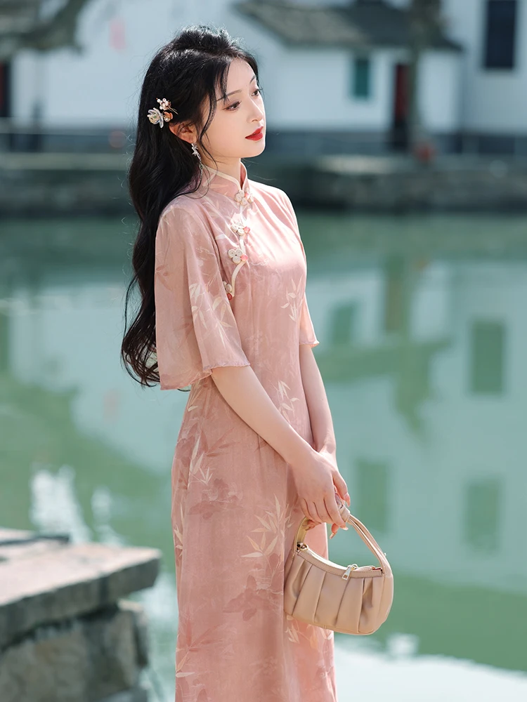 

Розовое платье-ципао в молодежном стиле, ретро, улучшенная повседневная модель, летнее модное элегантное платье миди с косым воротником для женщин