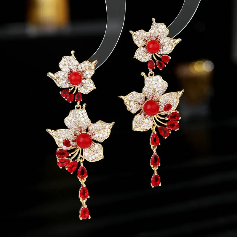 

Luxury Double Flower Dangle Earrings for Women Purple Red Pink Zirconia Long Hanging Earrings Evening Party Jewelry Gift Female