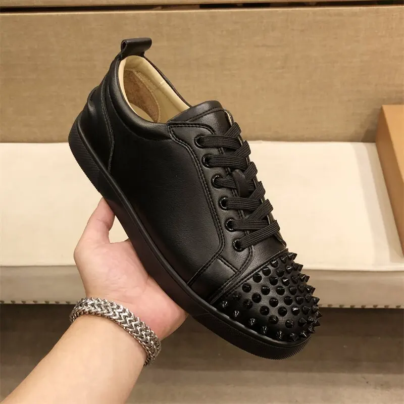 

mens fashion rivets shoes black white original leather studded shoe stage nightclub dress flats platform sneakers mans footwear