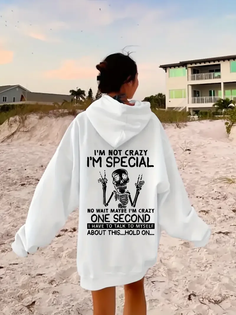 

Ladies' Casual Hoodie Skull and Letter Print Pullover with Drawstring Pocket Perfect Choice for Autumn and Winter Casual Style
