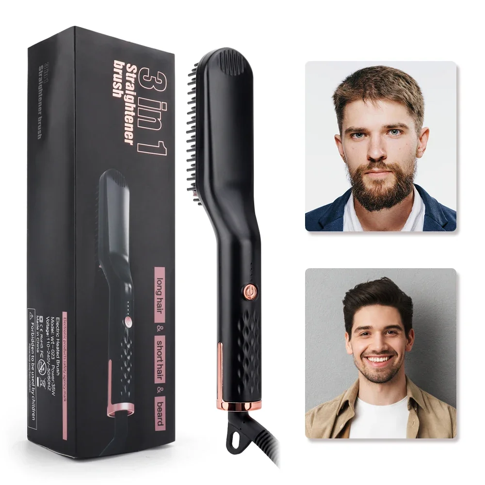 Ionische Baard Stijltang Borstel Verbrandingsbestendig Keramisch Verwarmde Baard Rechttrekken Kam voor Mannen 3 in 1 Multifunctionele Snelle Haarstyler Mannen Snelle Baard Rechttrekken Curling Styling