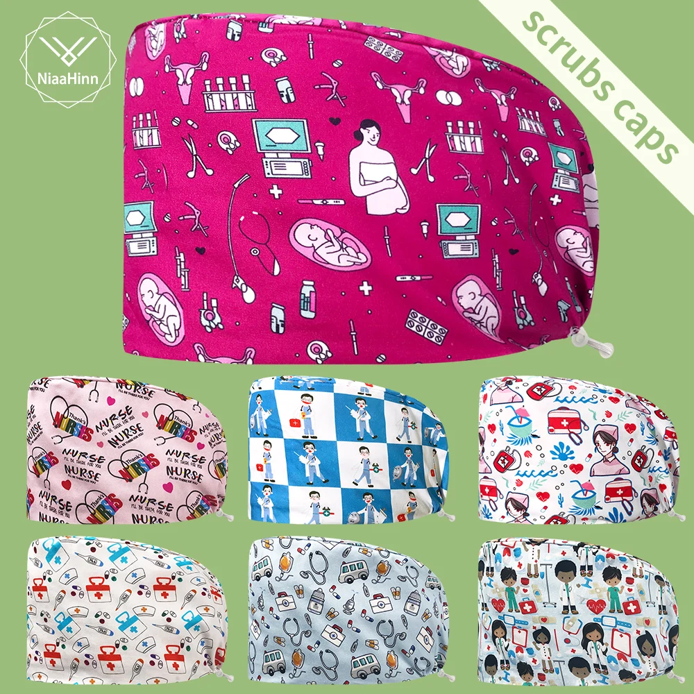 귀여운 만화 인쇄 간호사 모자, 숙녀 외과 모자, 애완 동물 병원 외과 의사 모자, 통기성 치과 작업 모자, 미용실 먼지 캡