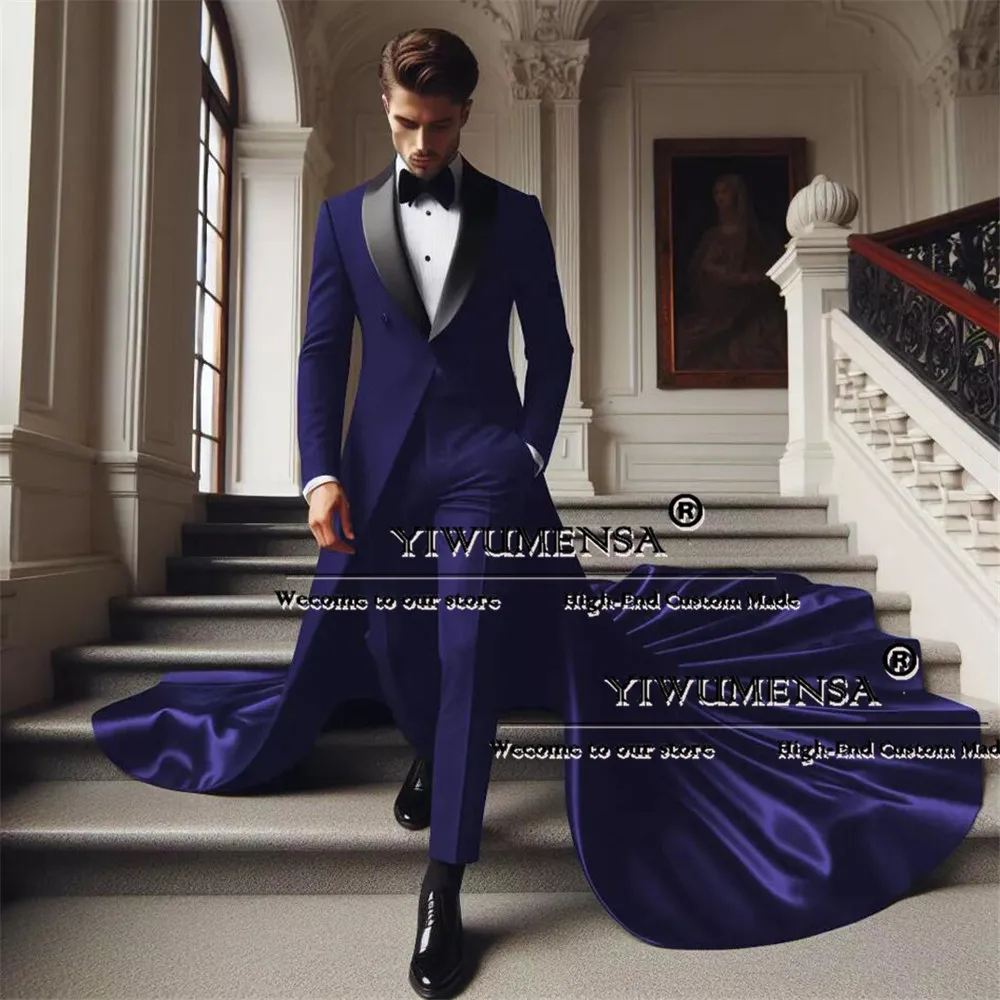 Latest Design Wedding Suits For Men Black Shawl Lapel Prom Blazer With Long Train Formal Banquet Groom Wear Tuxedo Tailored Made