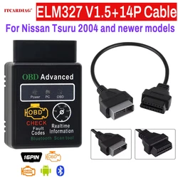For Nissan 14p + ELM327 V1.5 Bluetooth OBD2 Scanner With 14Pin To 16Pin OBD2 Adapter Cable Car Code Reader OBDII Diagnostic Tool