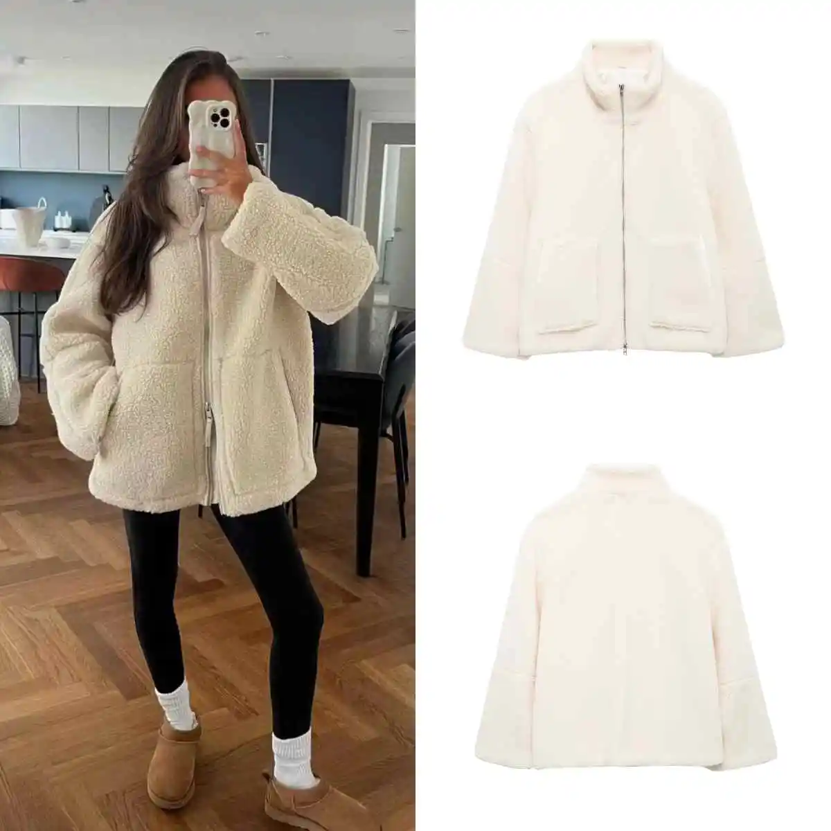 PB&ZA 2024 Early Autumn New Women\'s Fashion Lambskin Zipper Warm Fashion Slim Versatile Plush Jacket