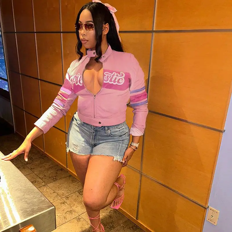 가을 겨울 스트리트 스타일 여성용 자수 슬림핏 배꼽 노출 컬러 블록 자켓 핫걸 아우터웨어 탑