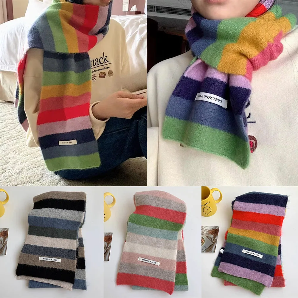 Winter Warm Short Scarf Rainbow Stripes Mohair Scarf Men And Women Students In Winter Colour Blocking Stripes Wool Short Scarf