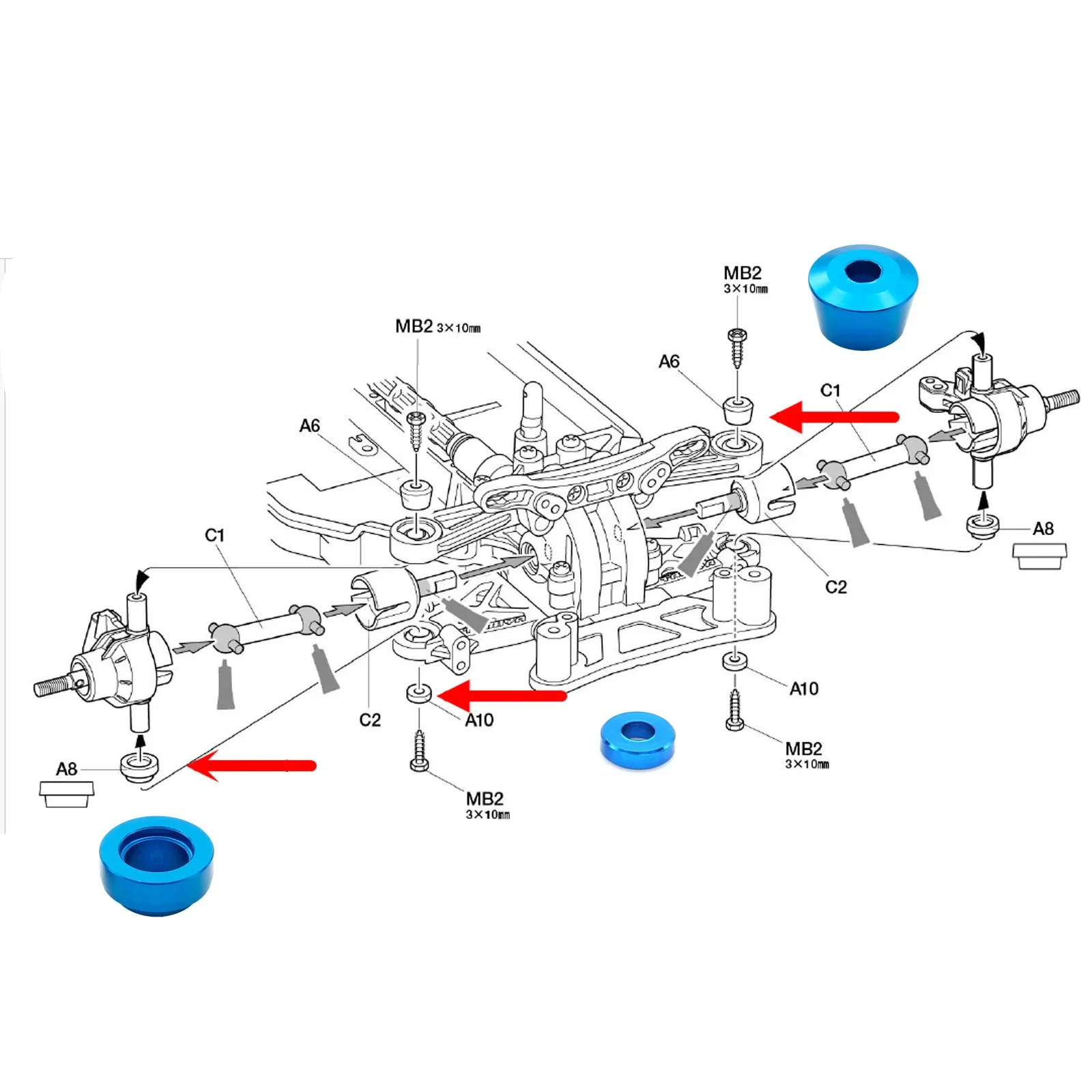 Junta de junta de direção de metal, manga de flange, junta de bucha para tamiya tt02 TT-02 1/10 rc, acessórios de peças de atualização de carro