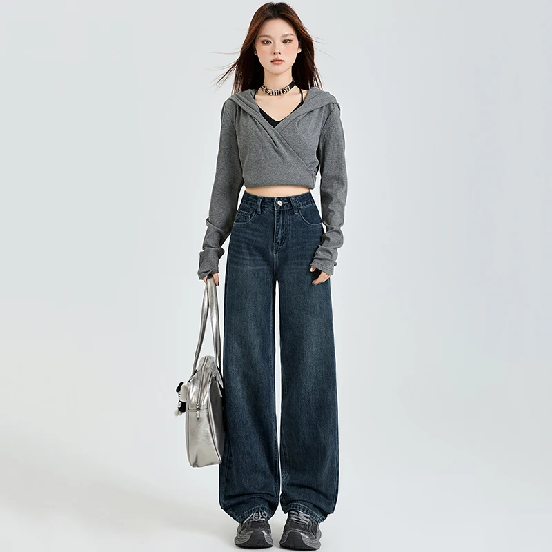 Womens Jeans Straight Tube Look Thinner Leisure Baggy Denim Pants High Waist Vintage Blue Streetwear Y2K American Style Wide Leg