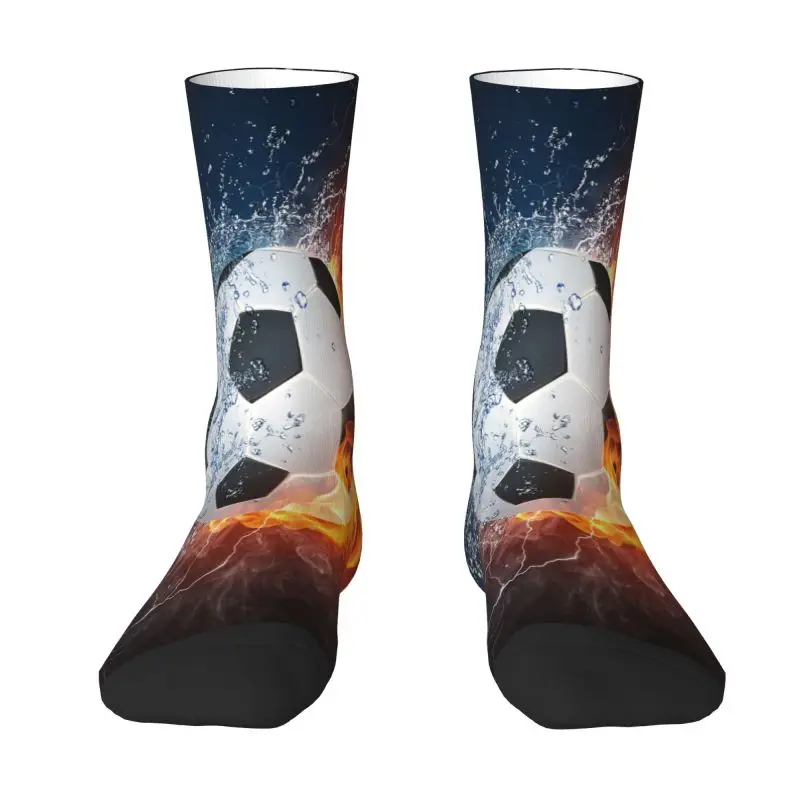 

Soccer In Fire And Water Mens Crew Socks Unisex Fun Football Spring Summer Autumn Winter Dress Socks