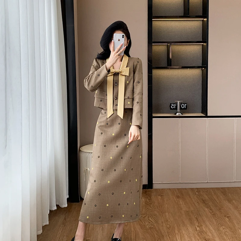 Elegant Fashion Small Fragrant Two Piece Set For Women Bow Blazer Jacket + Long Skirt Suits Korean OL Womens 2 Piece Outfit Set