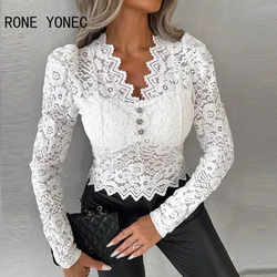 Women Chic Basics Lace Patchwork V Neck Long Sleeves Basics Sexy Blouse Tops